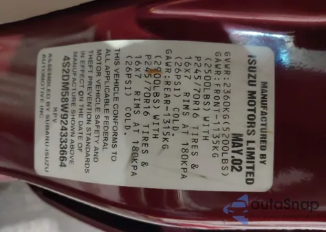 2002 Isuzu Rodeo Ls 3.2L/Lse 3.2L V6/S/S 3.2L V6 z USA, uszkodzony, nr VIN 4S2DM58W924333664